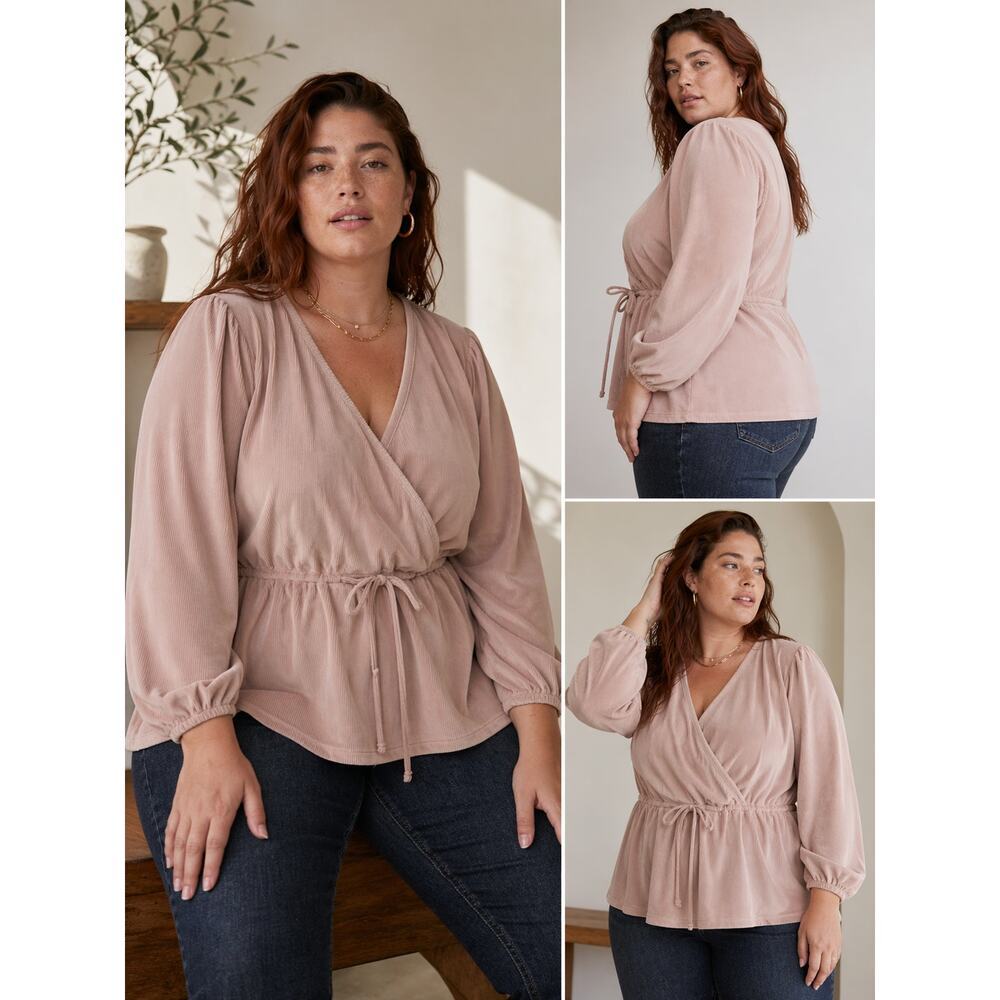 Madewell Blush Ribbed Wrap Top Size 4X Tie Waist Peplum Long Sleeve